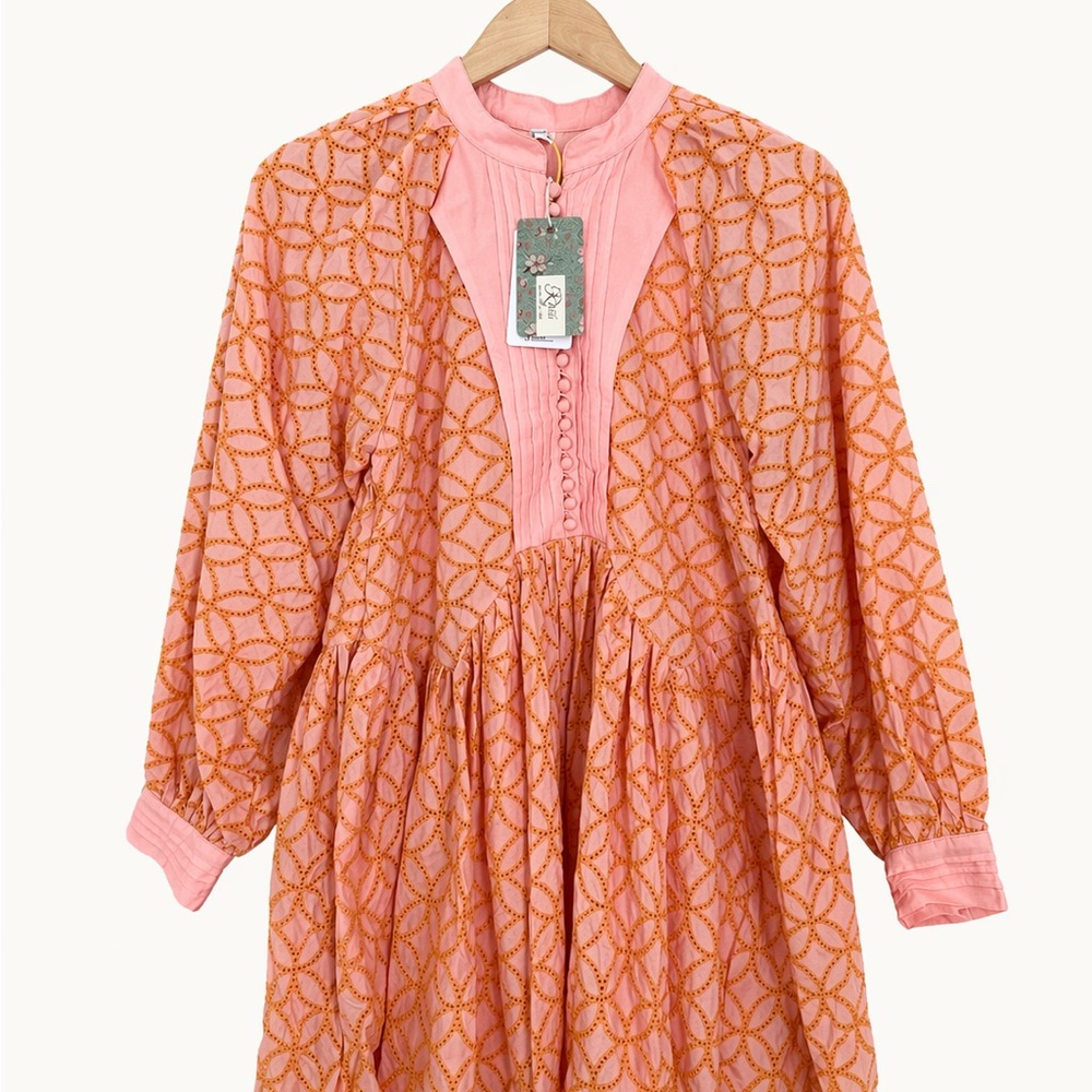 Women's Long Sleeve Pink Embroidered Midi Dress